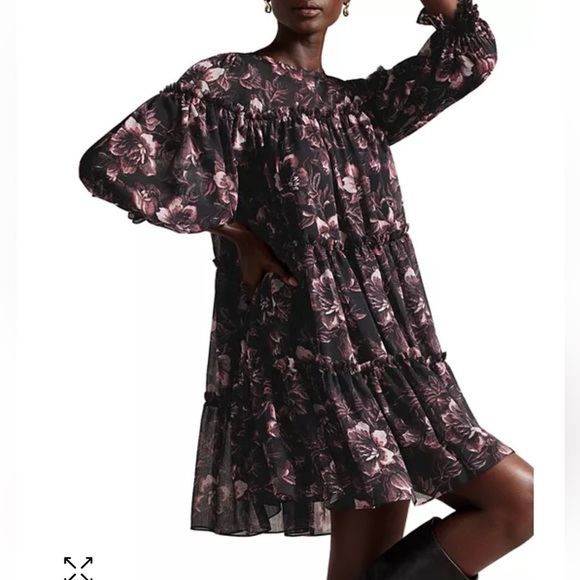 Ted Baker Mini Dress Size 8 Barnabe Black Floral Tiered Flounce Boho 3/4 Sleeves - Picture 4 of 9